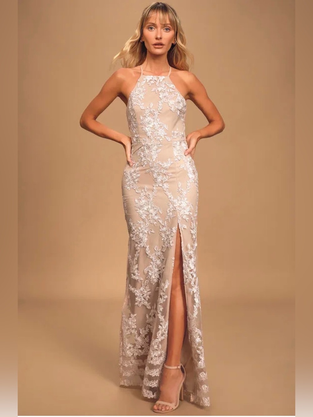 Lulu's dazzled up champagne embroidered backless maxi dress